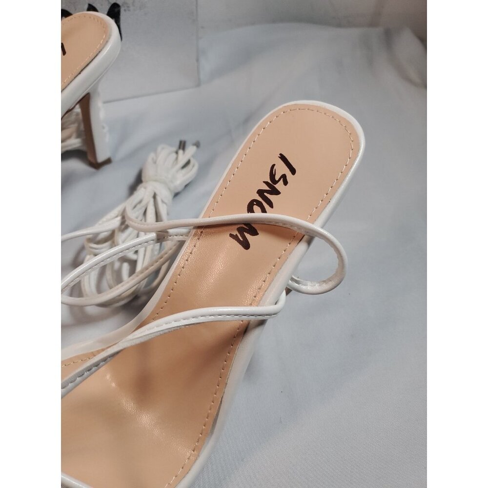 ISNOM White Women Heeled Sandals with Lace Up Strappy Ankle Size US 8 EU 38 - Picture 7 of 11
